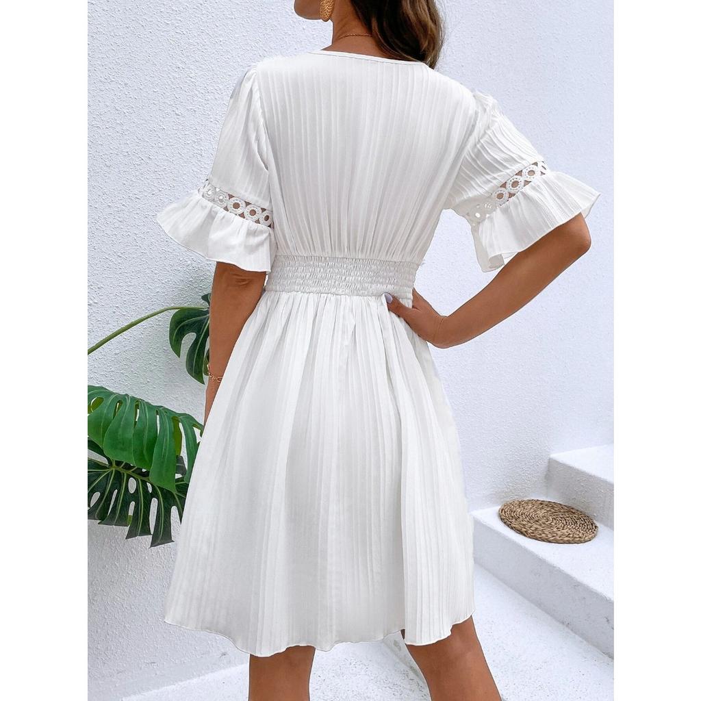 Women's New Summer Splicing Lace Fashion V-neck Waist Solid Color Dresses