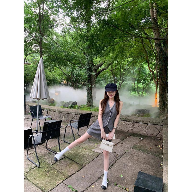 Kumikumi Graceful Set Gray Single Breasted Vest Vest Women clothes Summer Sheath Skirt Two-piece Set