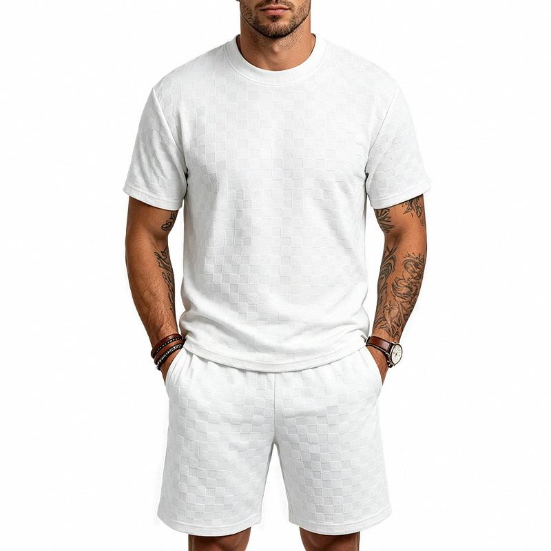 Men S Casual Short Sleeve Round Neck Jacquard Towel Texture Set