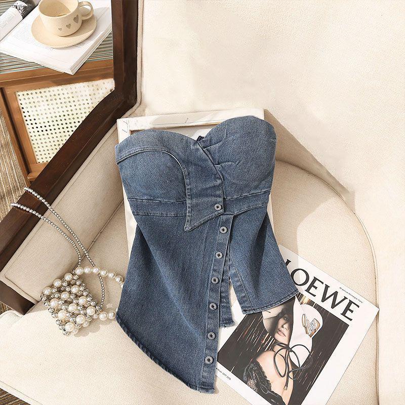 

Острый Девушка Необычный Джинсовый Топ-Бандо – Сексуальный, Стройнящий Летний Стиль для Женщин S for 85-95 lbs