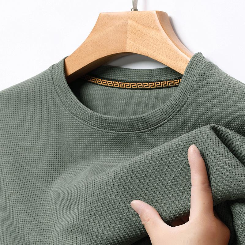 Men's Waffle Knit Long-Sleeve Hoodie - Solid Color Versatile Round Neck T-Shirt for Spring and Autumn