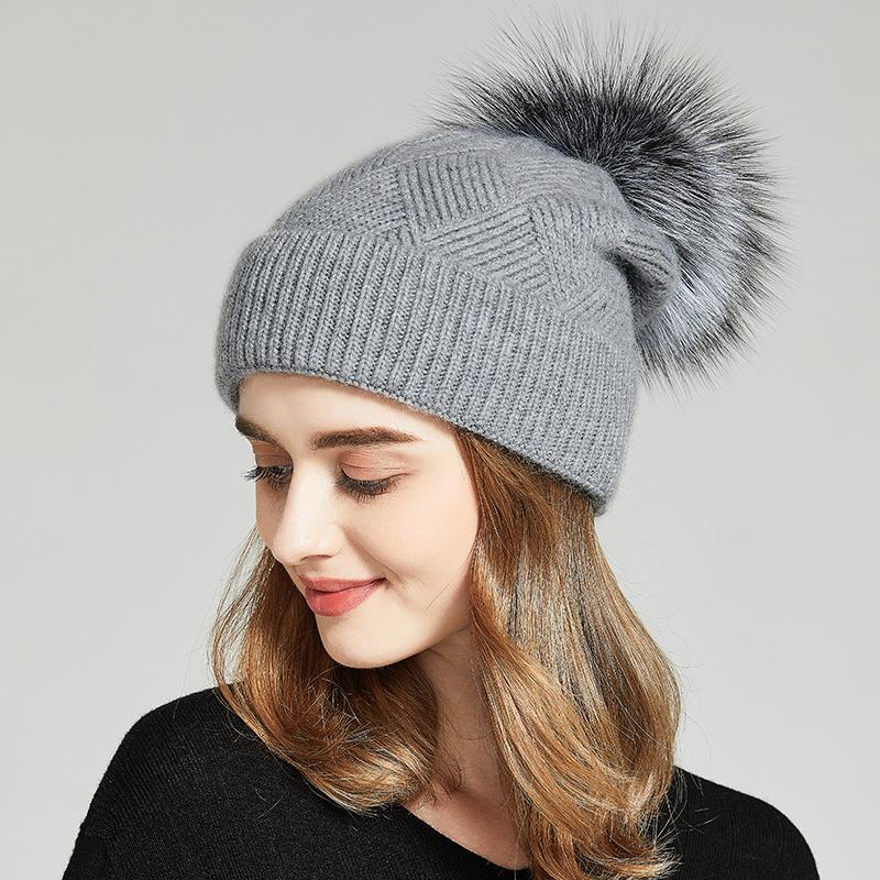 Winter Women Fur Pom Pom Knitted Beanie Hats  Warm Wool Cashmere Beanie Bobble Hat Factory