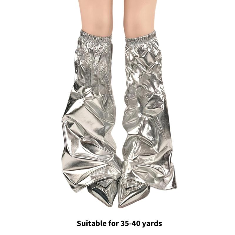 Women Punk PU Leather Leg Warmer Harajuku Grunge Leg Socks Metallic Silver Wide Baggy Boot Covers Gaiters Streetwear
