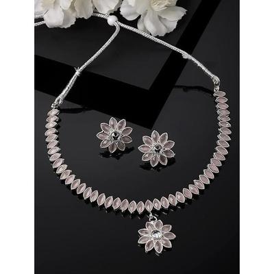 Oxidised Silver-Plated Flower & Leaf American Diamond Studded Necklace Earrings Jewellery Set for Girls and Women