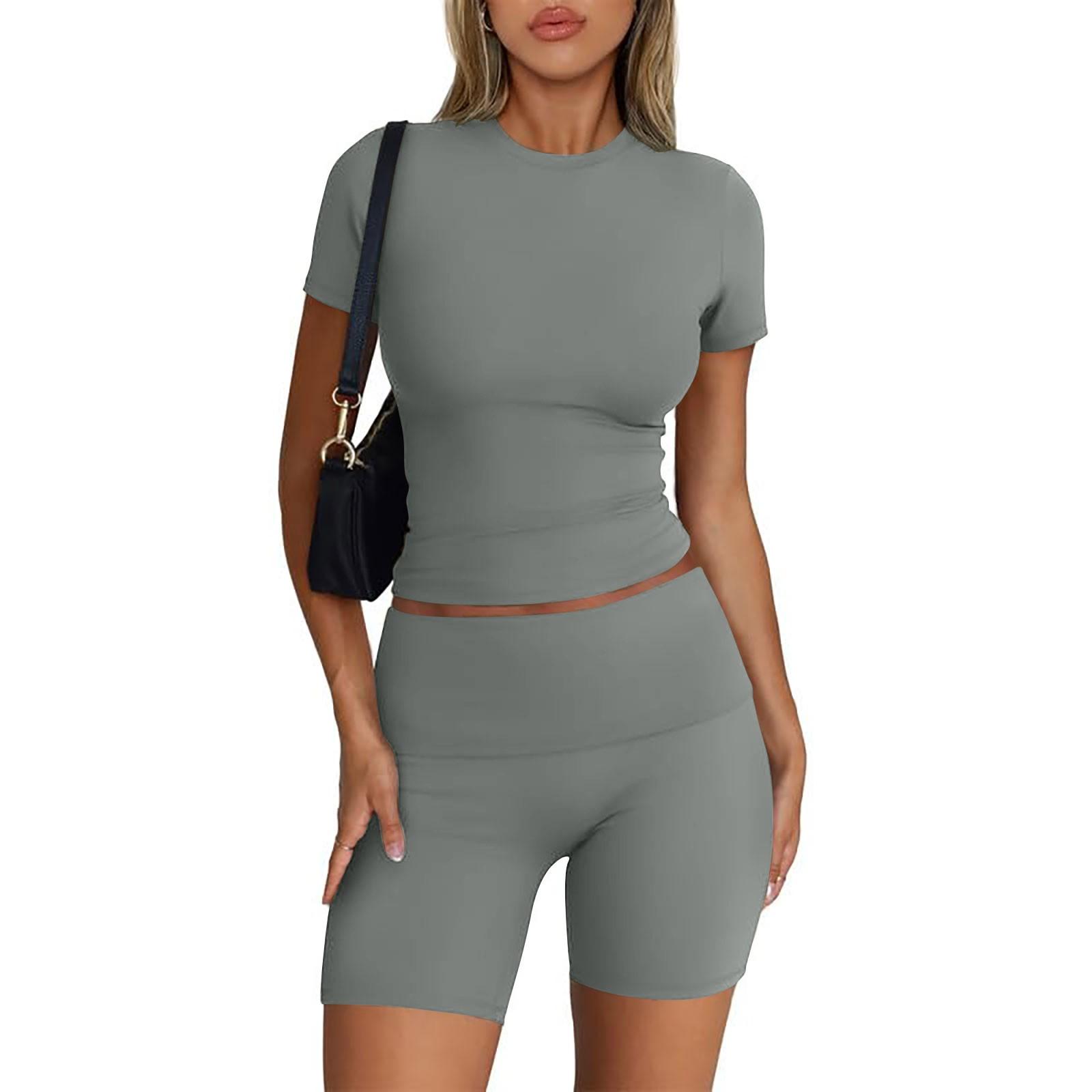 

Женская мода, однотонный топ с круглым вырезом, облегающий топ с короткими рукавами, шорты, повседневные спортивные комплекты, спортивные костюмы L