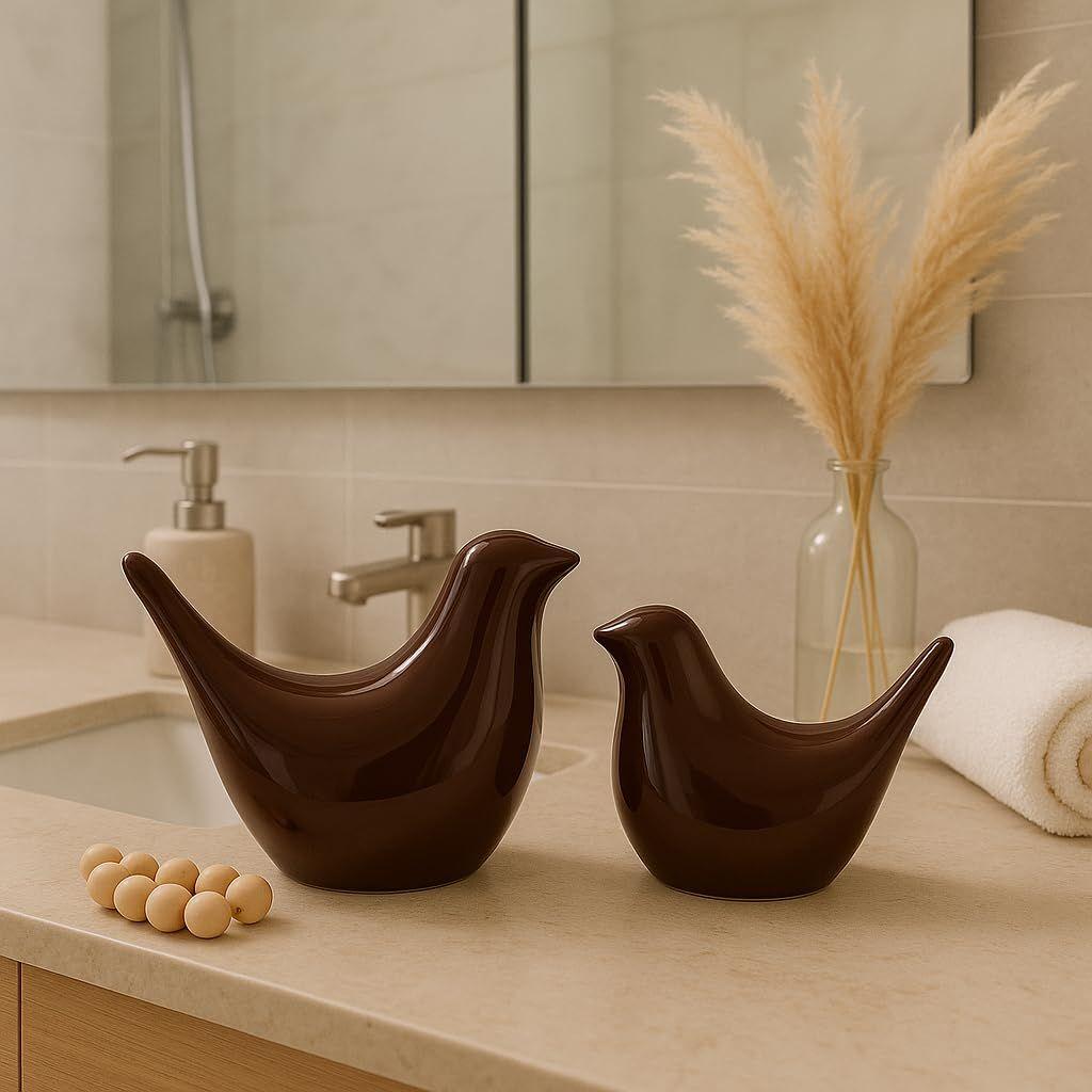 Creative Brown Glossy Ceramic Birds Figurines Home Decorations Accessories Party (Pack of 2, Brown)