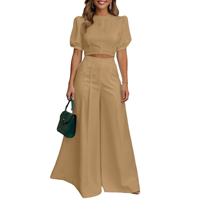 ZANZEA Women Short Sleeve Cropped Tops and Wide Leg Pants Two Piece Suit Sets