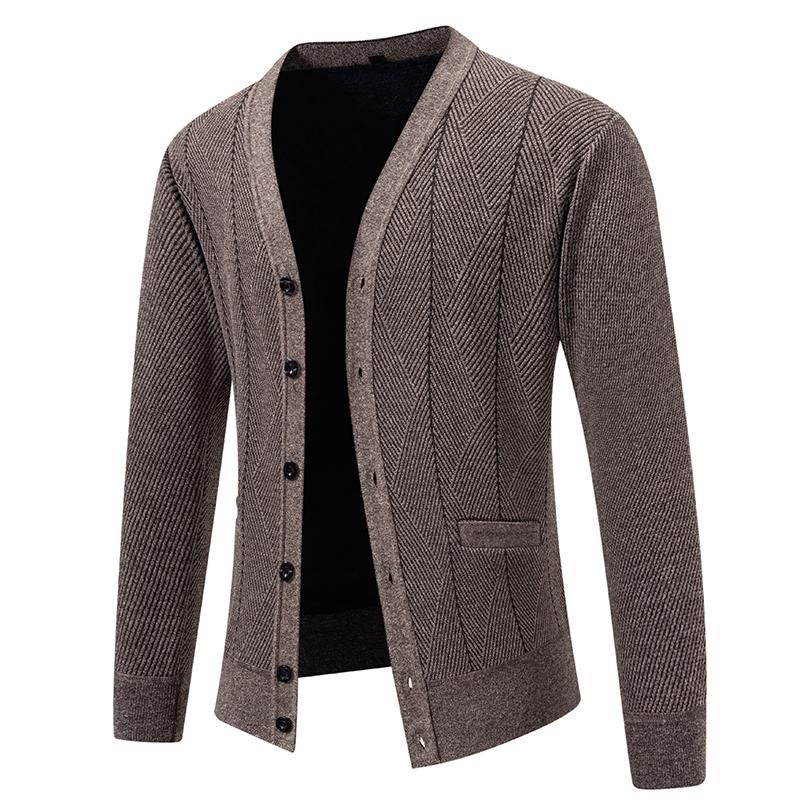 2025 Autumn Men Slim Fit Knit Sweatercoat Men Solid Color Fleece Knitted Cardigan Men Casual V-Neck Sweater Warm Outerwear