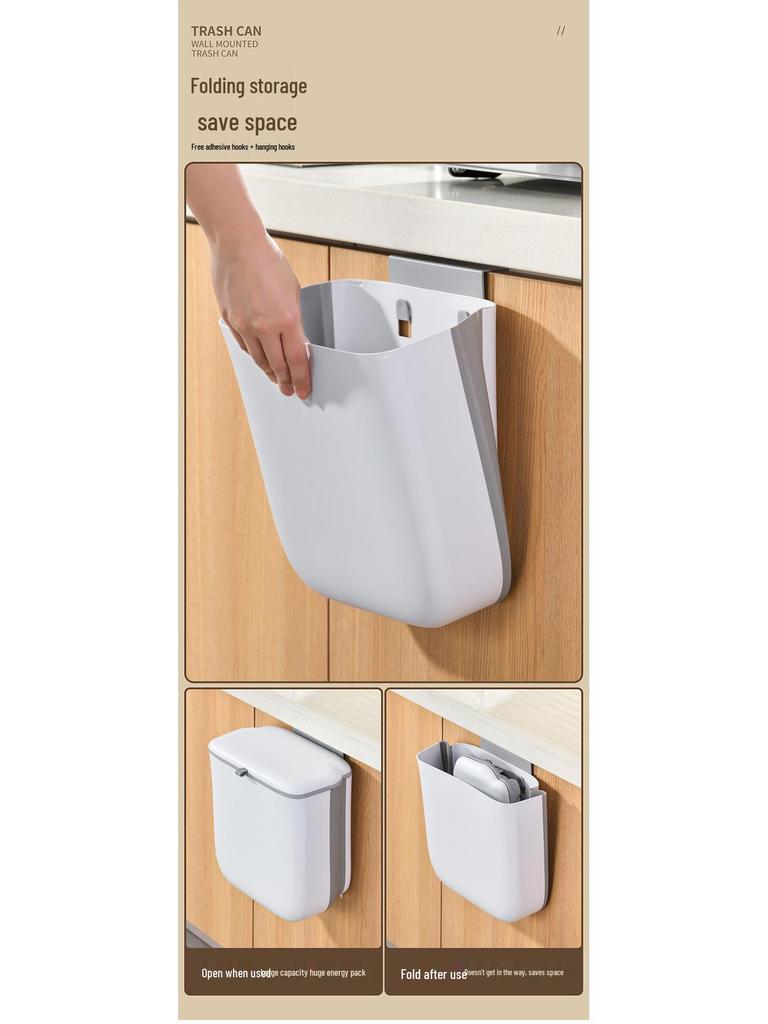 Poubelle de Cuisine Pliante - Suspendue à la Porte de Placard & Murale avec Couvercle Coulissant pour le Stockage des Déchets Ménagers et l'Hygiène