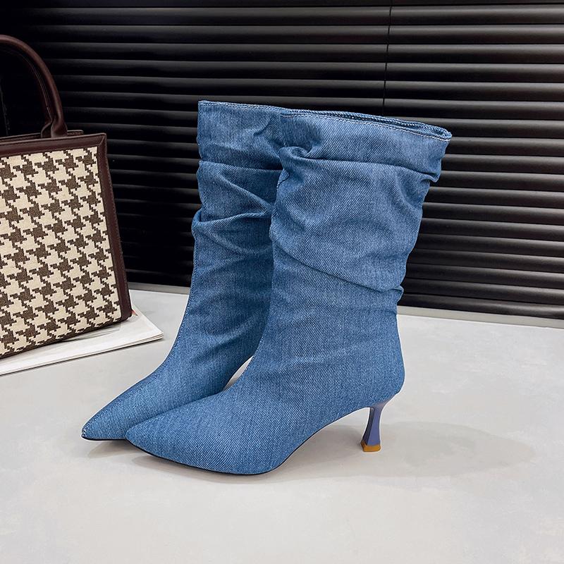 

New Designer Denim Pointed Toe Pleated Special-Shaped Heel Boots Woman Spring Autumn 2025 High Heel Boots Fashion Shoe 35 синий