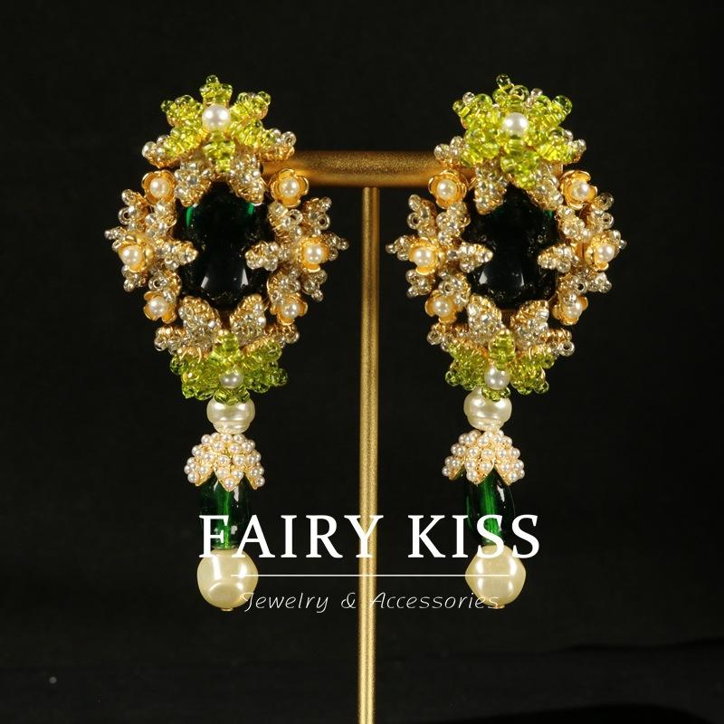 Heavy Industry Necklace Earrings Set Woven Rice Beads Snowflake Emerald Imitation Pearl Pendant Premium Temperament