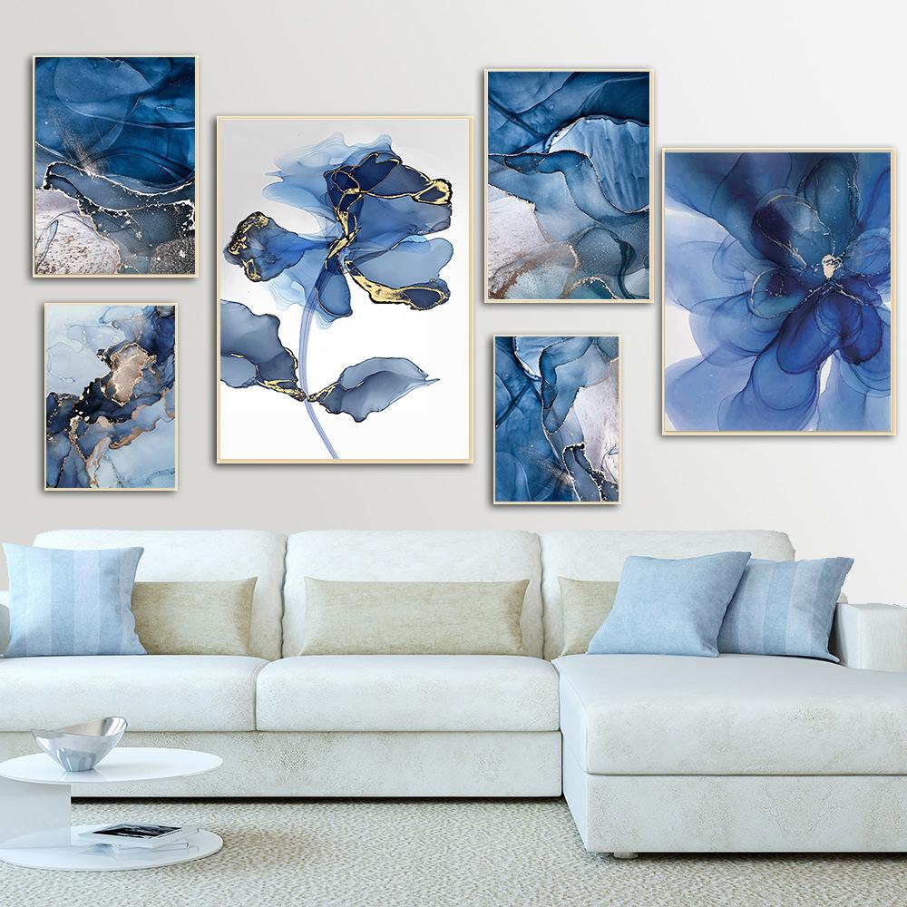 

Современная синяя абстрактная акварель декоративная картина для гостиной, спальни, фон, стена, безрамная картина, позолоченный мраморный постер