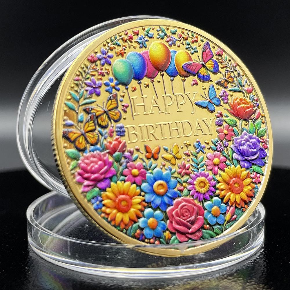 Happy Birthday To You Gold Coin Collectibles Best Wishes Medal Flower Balloon Gift Box Pattern Kawaii Blessing Lucky Badge