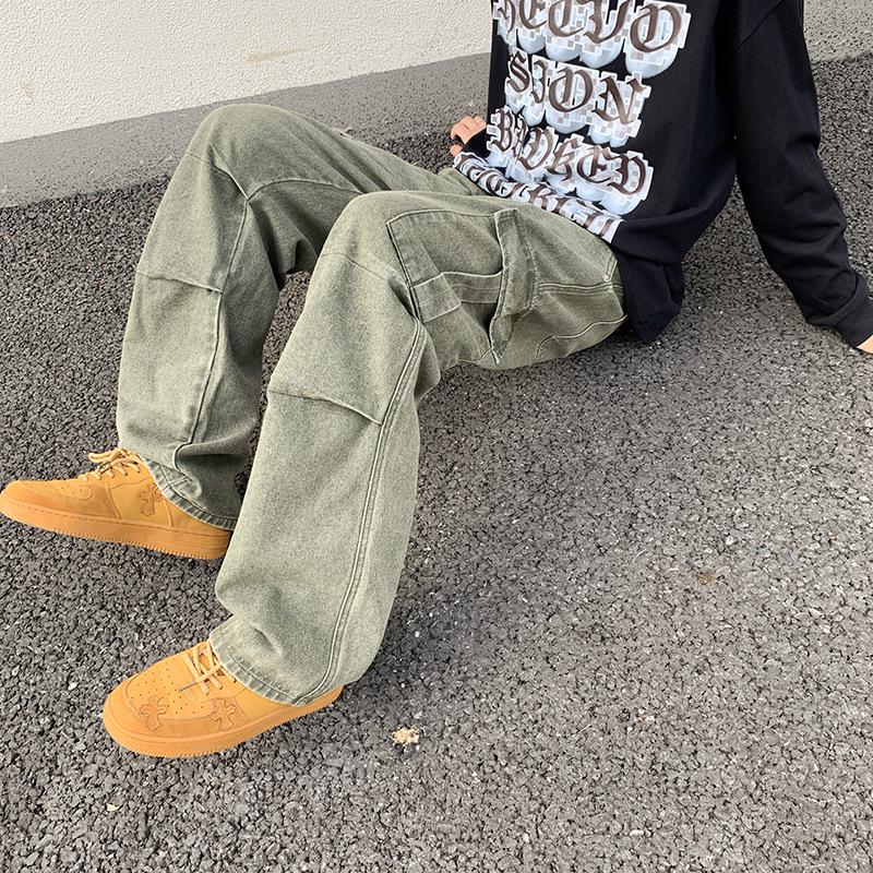 JIAMU Men's Retro High Street Loose Cargo Straight Jeans for Autumn/Winter