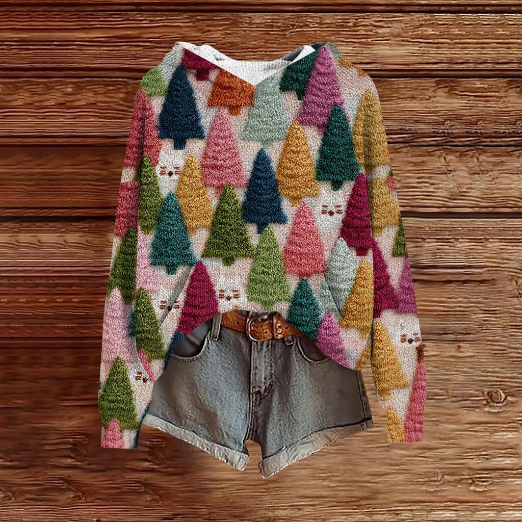 Women's Fashion Casual Long Sleeve Christmas Print Hooded Knitted Sweatshirt