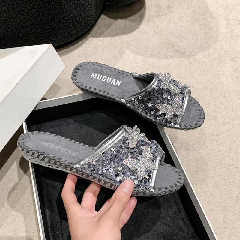 Fashion Aphixta Bling Butterfly Slippers Woman Shoes For Summer Outdoor Luxury Slides Gold Sequine Upper Sewing Slides chanclas de mujer
