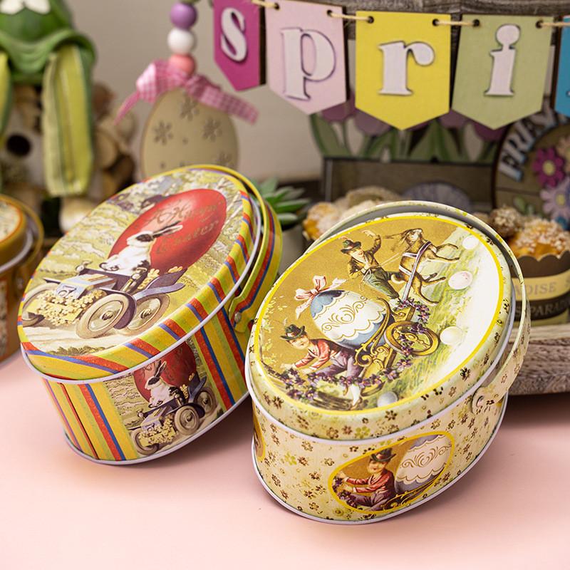 Oval Whimsical Easter Handheld Iron Box With Cheerful Rabbit And Egg Pattern Ideal For Childrens Gifts