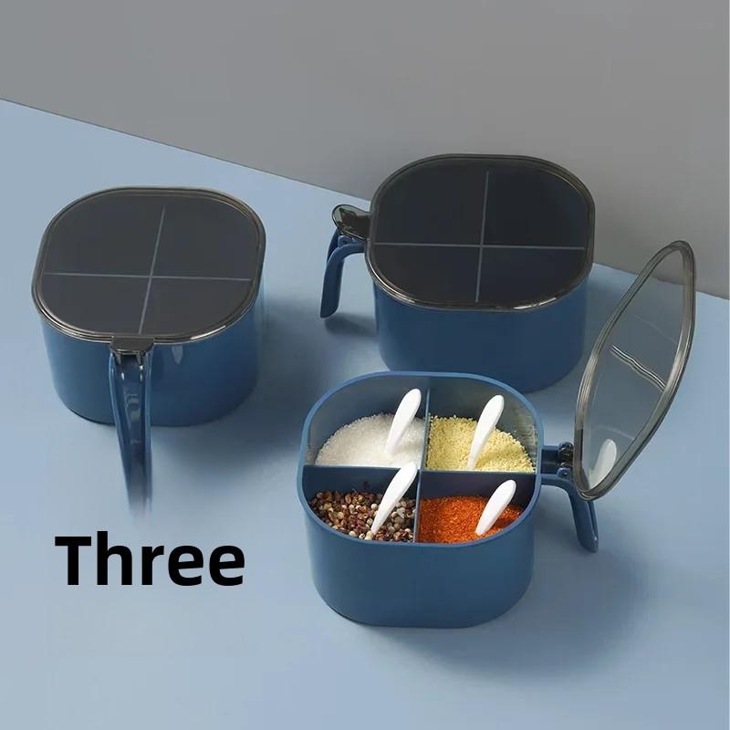Press Type Four Compartment Transparent Lid Seasoning Box with Spoon for Kitchen