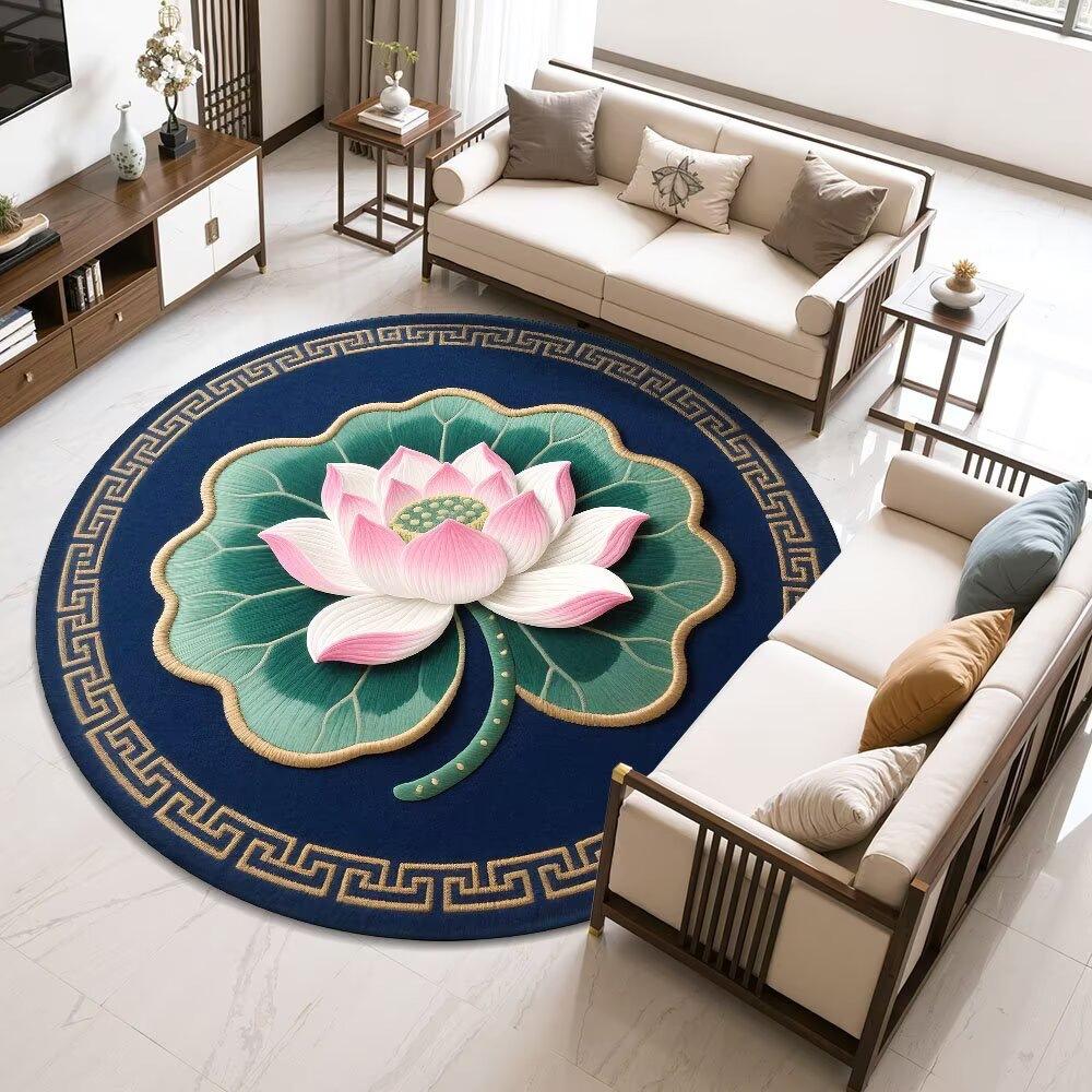 Lotus-Round Rug – Easy-Clean Meditation  Living Room Decor Rug with Chinese Floral Motif