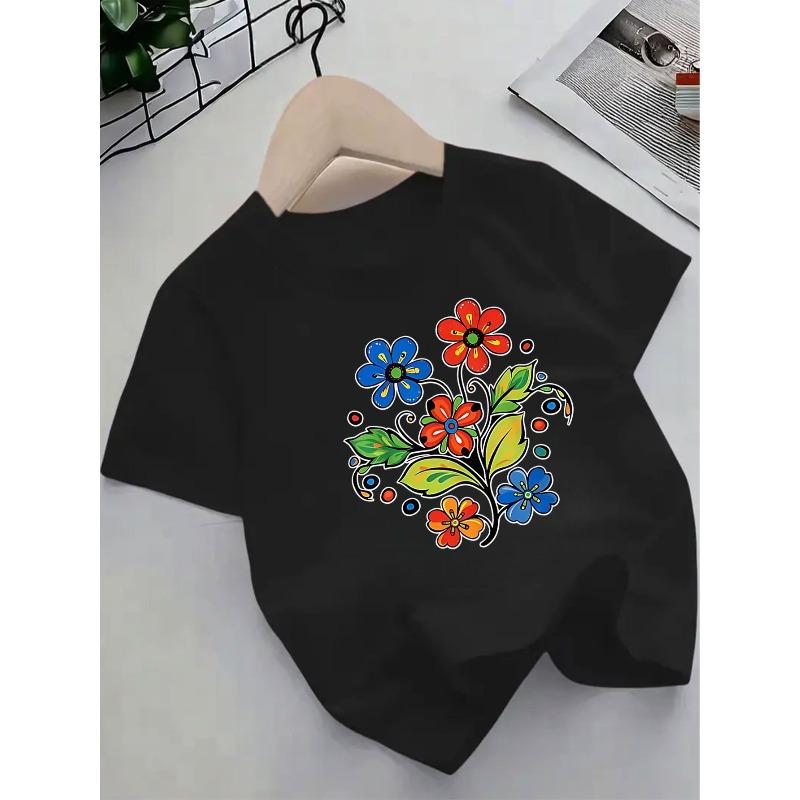 European sizes Short Sleeve Summer Cartoon Flower Pattern Casual Top for Girls – Soft Medium Stretch Knit Crew Neck Tee, Comfortable Everyday Wear,
