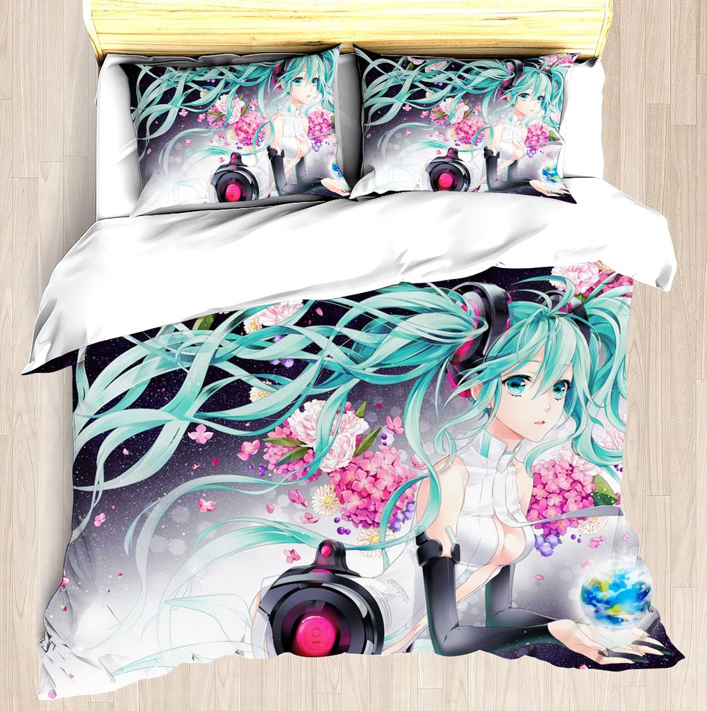 Hatsune Miku Anime Haus Schlafzimmer Komfort Nordisches Polyester Material Geeignet für Kinder und Erwachsene 3-teiliges Set