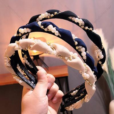 Solid Color Twisted Pearl Rhinestone Hairband for Women Girl Entangled Hair Hoop Fairy Headband Non Slip Headwear Hair Accessory
