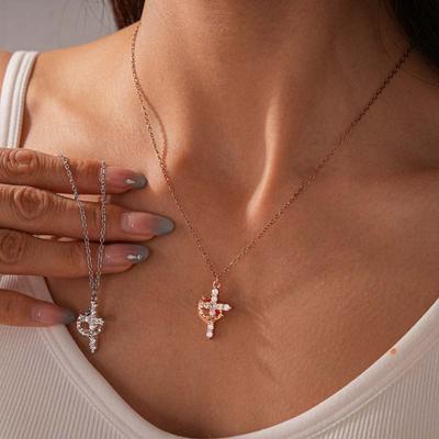 Stainless Steel Metal Crown Cross Pendant Necklace for Women Minimalist Gold Color Rhinestone Clavicle Chain Jewelry Party Gift