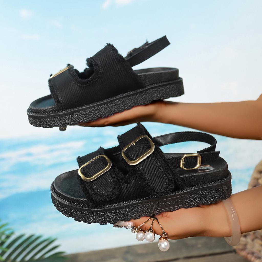 Blue Canvas Sandals Women Denim Metal Belt Buckle Thick Sole Platform Sandals for Women Summer Comfortable Beach Sandals Ladies
