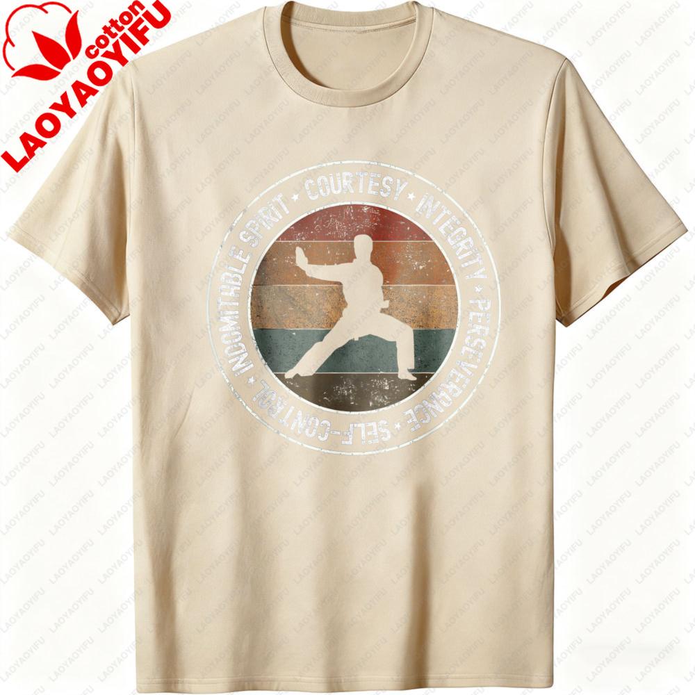 Martial Arts Men TShirt Cotton Casual Short Sleeve Top with Karate Silhouette and Values Design for Training Gift Sportwear