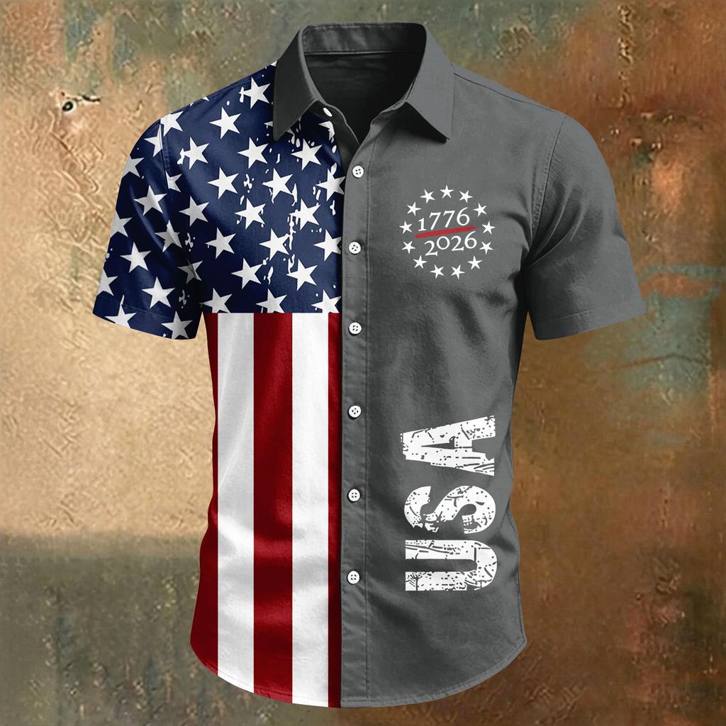 Camisa de manga corta casual deportiva para hombre con estampado del Día de la Independencia y cuello