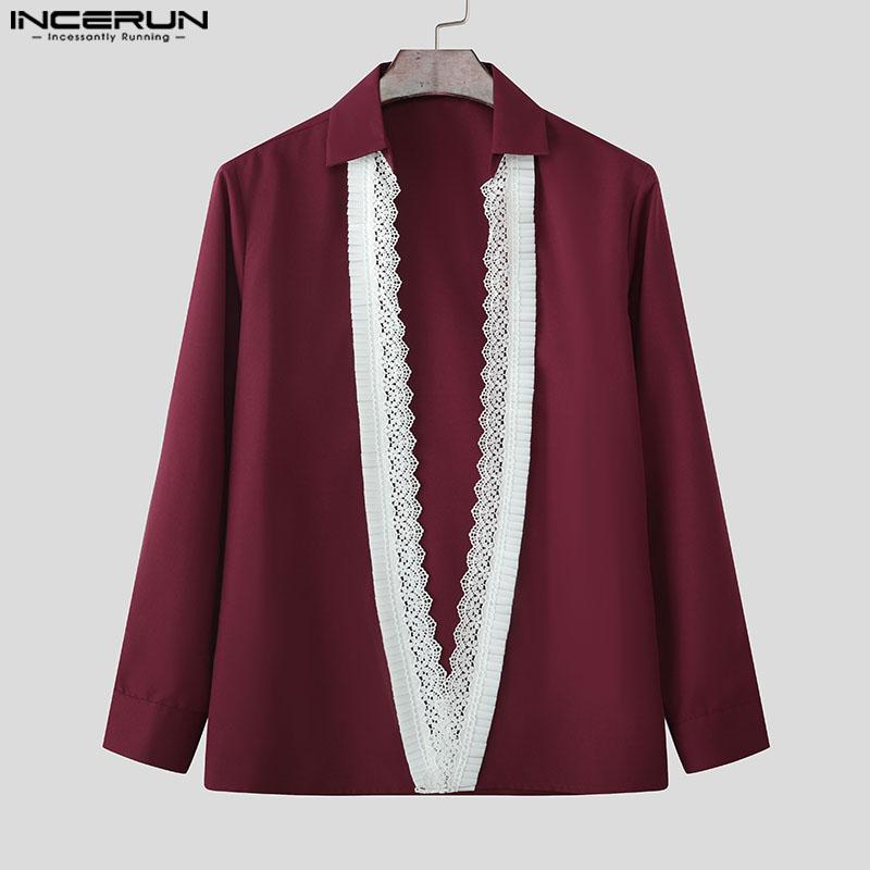 INCERUN Men Deep V Neck Lace Hem Long Sleeve Party Shirts Tops