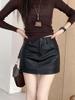 Women's High Waist A-Line PU Leather Skirt - Sexy Autumn/Winter Short Skirt with Hip Wrap Design