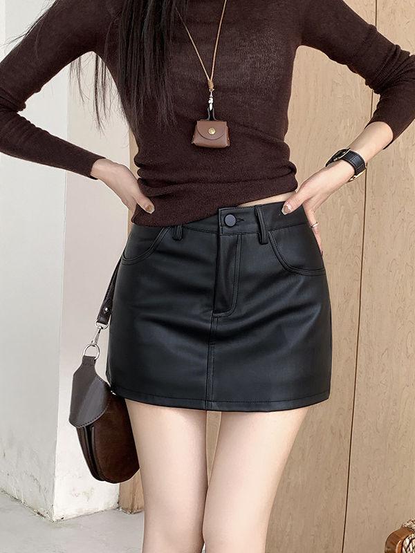 Women's High Waist A-Line PU Leather Skirt - Sexy Autumn/Winter Short Skirt with Hip Wrap Design