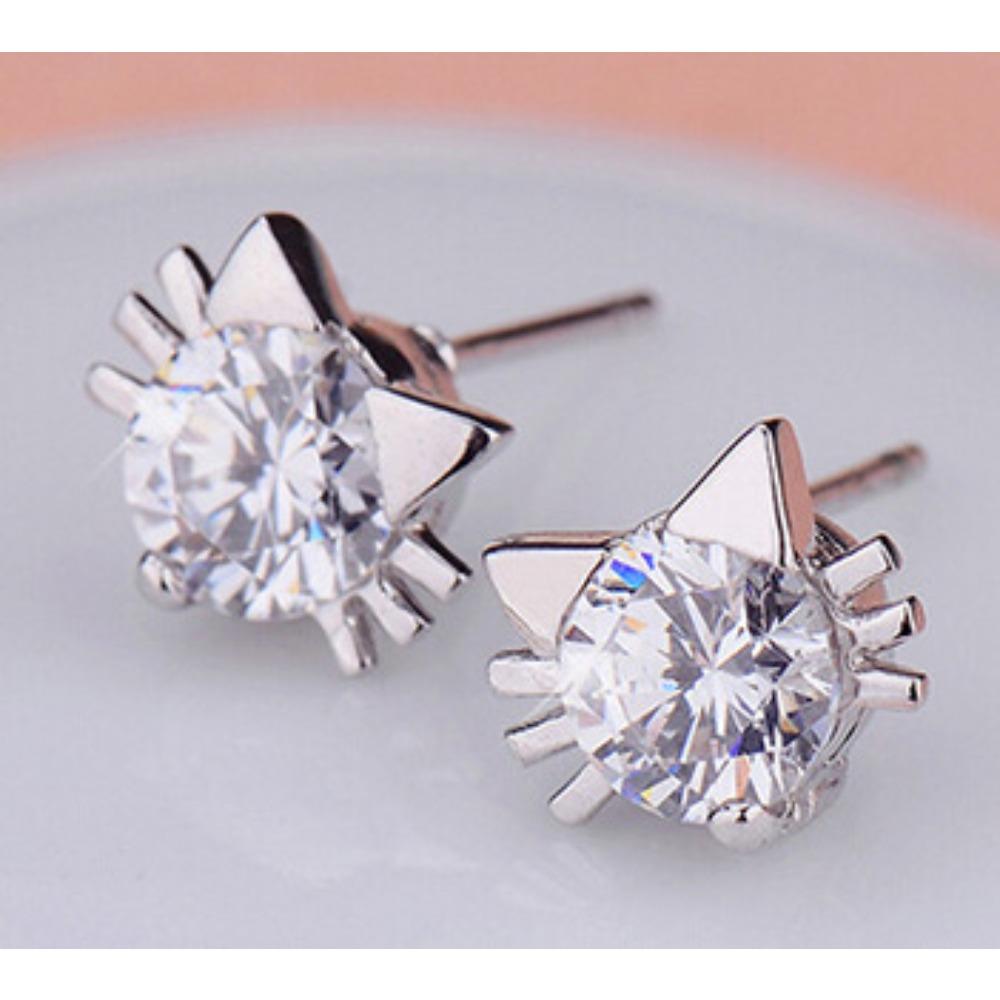Elegant Cat Elf Stud Earrings Silver Plated White Copper Zircon Earrings for Women Trendy Accessories Gift