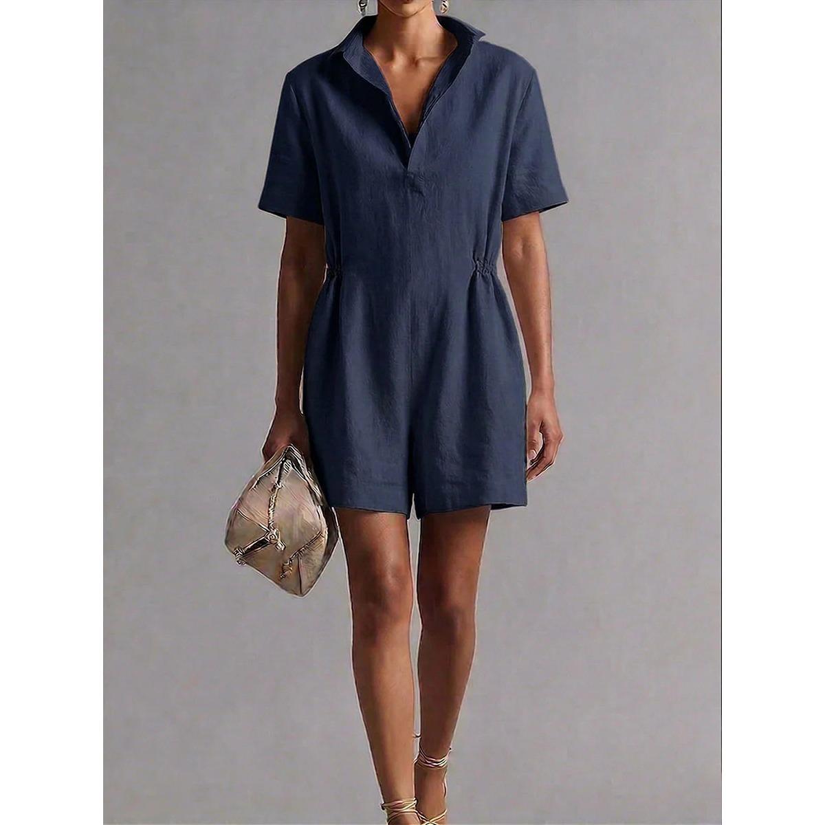 

New Women s Cotton Linen Short Sleeve Jumpsuit Shorts, High Waist Loose Wide Leg Casual Romper for Europe USA, Slimming Leisure One Piece Outfit 2XL
