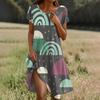 Short Sleeve Boho Dress For Women Casual Loose Fit Summer Sundress Feathers Print Dress With Pockets