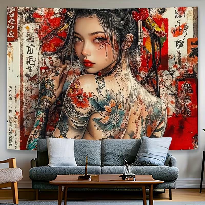 2D Yakuza Style Geisha Tapestry, Tattooed Woman with Cherry Blossom Print Wall Hanging