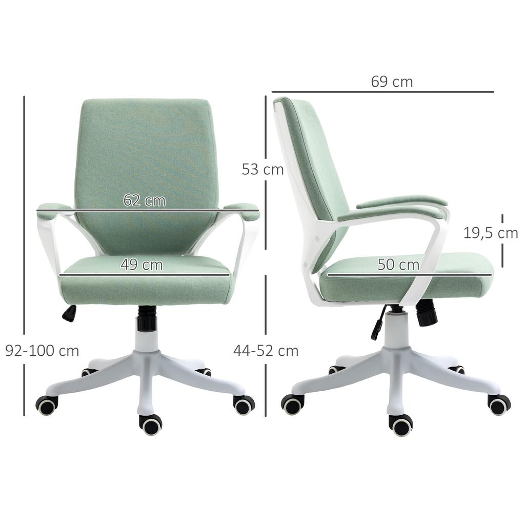 Sedia da Ufficio Ergonomica da Scrivania con Braccioli, Sedia Girevole Regolabile in Altezza con Funzione di Inclinazione, Aspetto Lino, Sedia da Computer Imbottita, Verde+Bianco