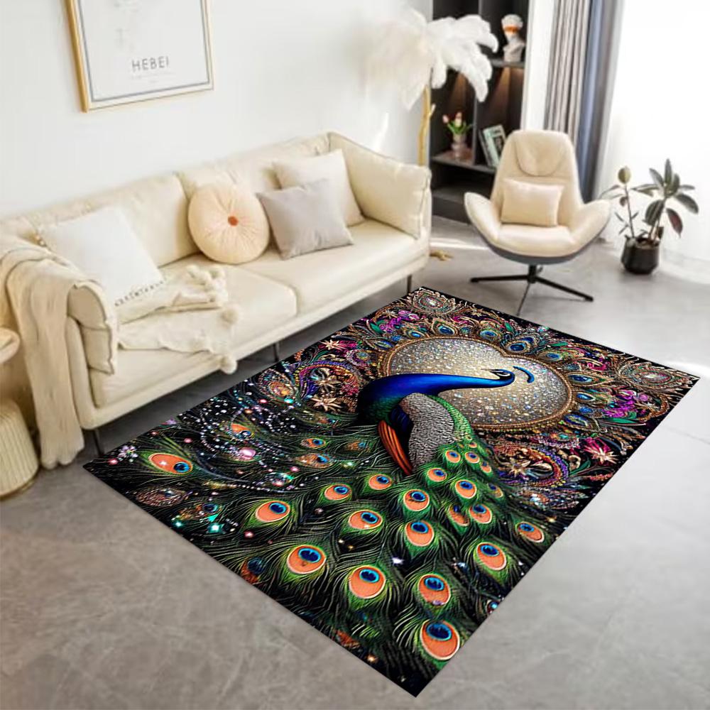 1pc Home Carpet Peacock and Flowers Non-Slip Design for Office Decor Living Room Bedroom Gift
