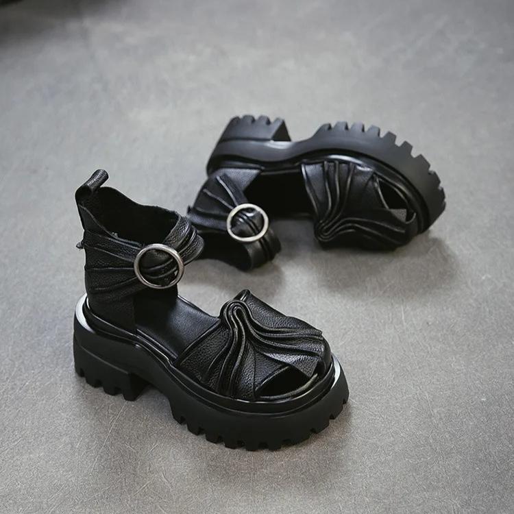 Johnature Genuine Leather Retro Pleated Thick Soled Sandals Comfortable And Breathable Women's Shoes
