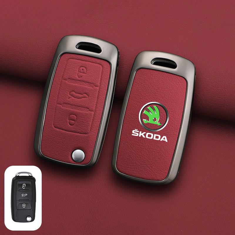 XOWS7 Zinc Alloy Leather Car Remote Key Case Cover Protector Shell Fob For Skoda Superb A7 Kodiaq Octavia A7 A8 Keychain Accessories