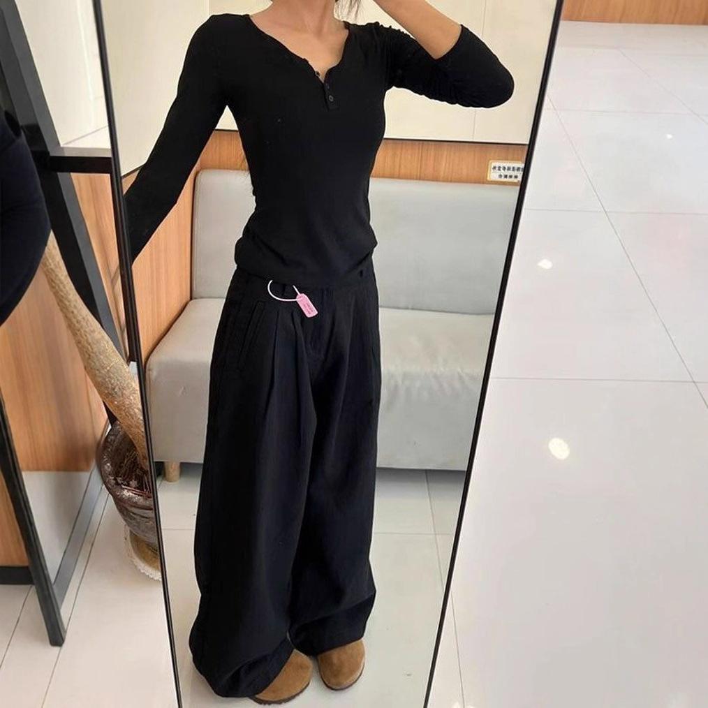 Black Big Yards Loose Jeans Women's Meat Covering Folded Texture Design Sense of Dragging The Ground Wide-legged Straight Trousers Long Denim Pants