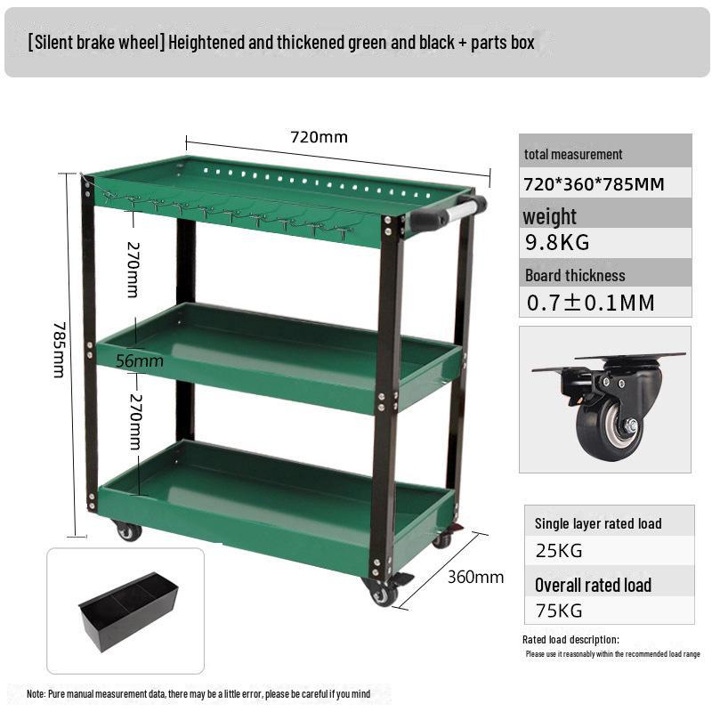 "Green Forest Utility Cart: Three-Layer Tool Trolley & Flatbed for Auto Repair & Beauty Supplies"