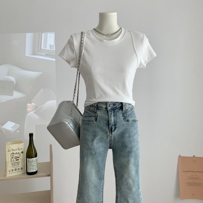 Fashion Round Neck Slim Fit Cropped T-shirt Women Short Sleeve Tops Women Summer Elegant Casual T Shirt Office Lady Simple Tee 24239