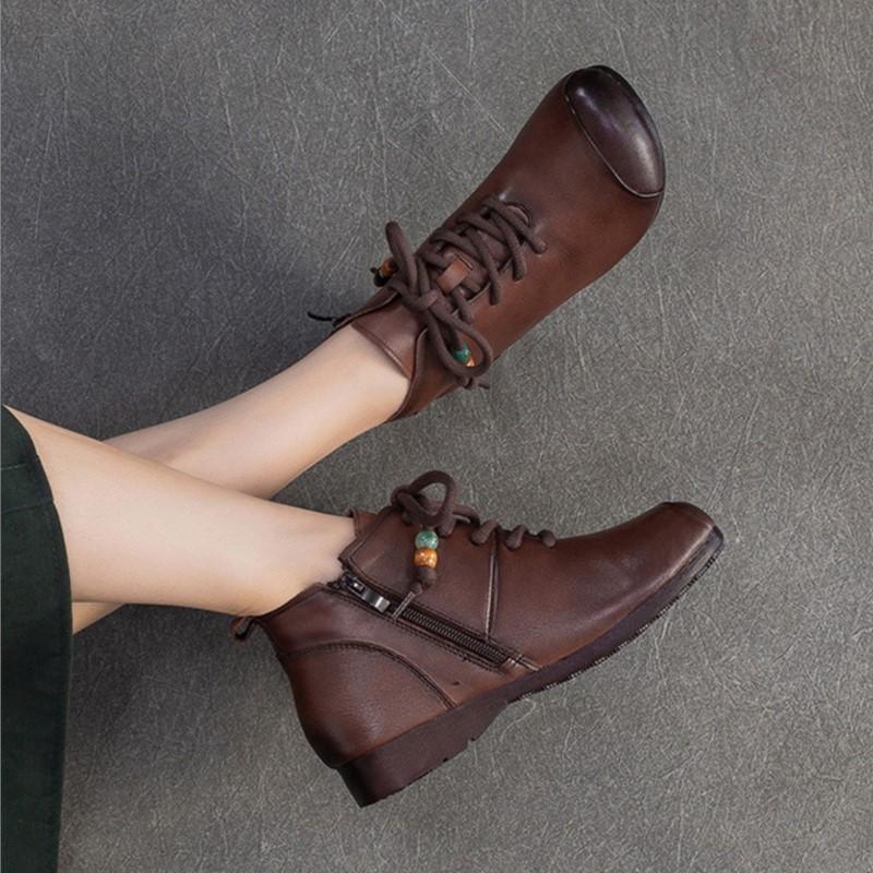 Johnature Retro Round Toe Genuine Leather Ankle Boots Versatile Soft Soled Comfortable Women's Shoes