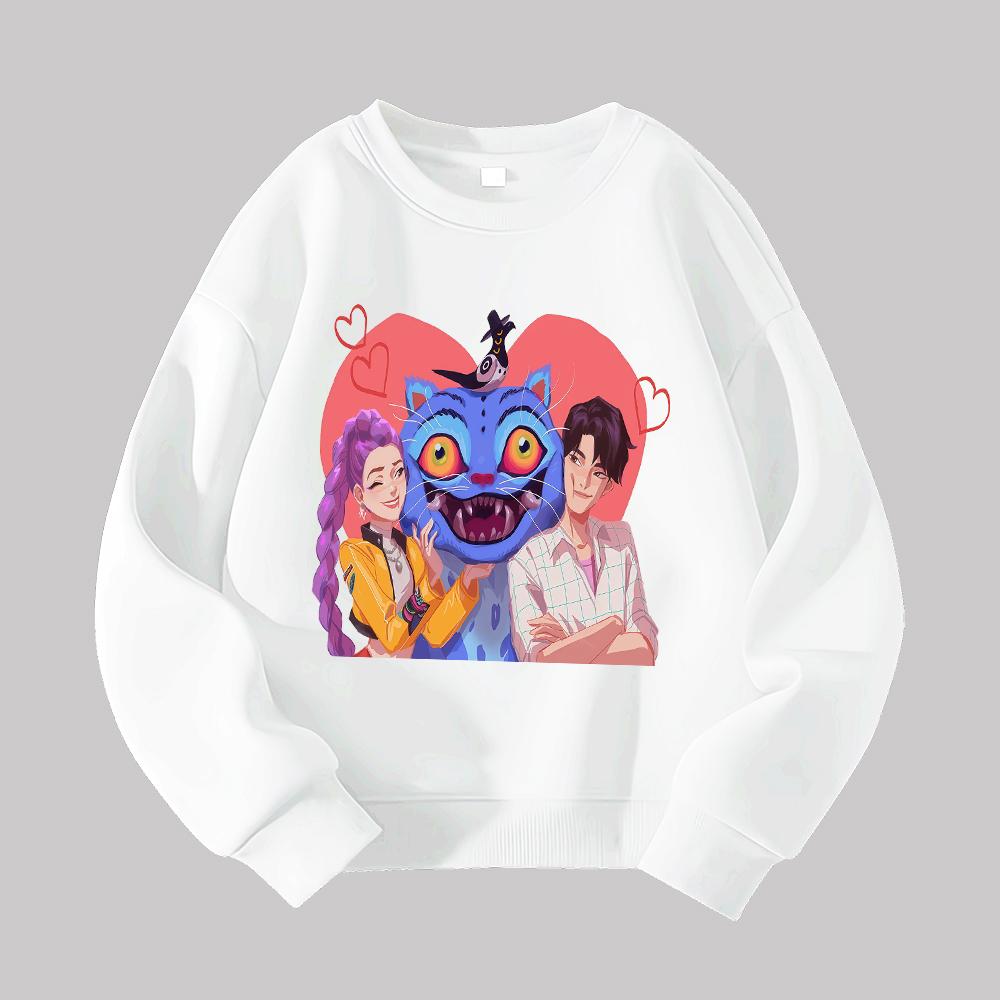 KPop Demon Hunter Cute Cartoon Cat Couple Print Round Neck Loose Pullover Sweatshirt for Men Women