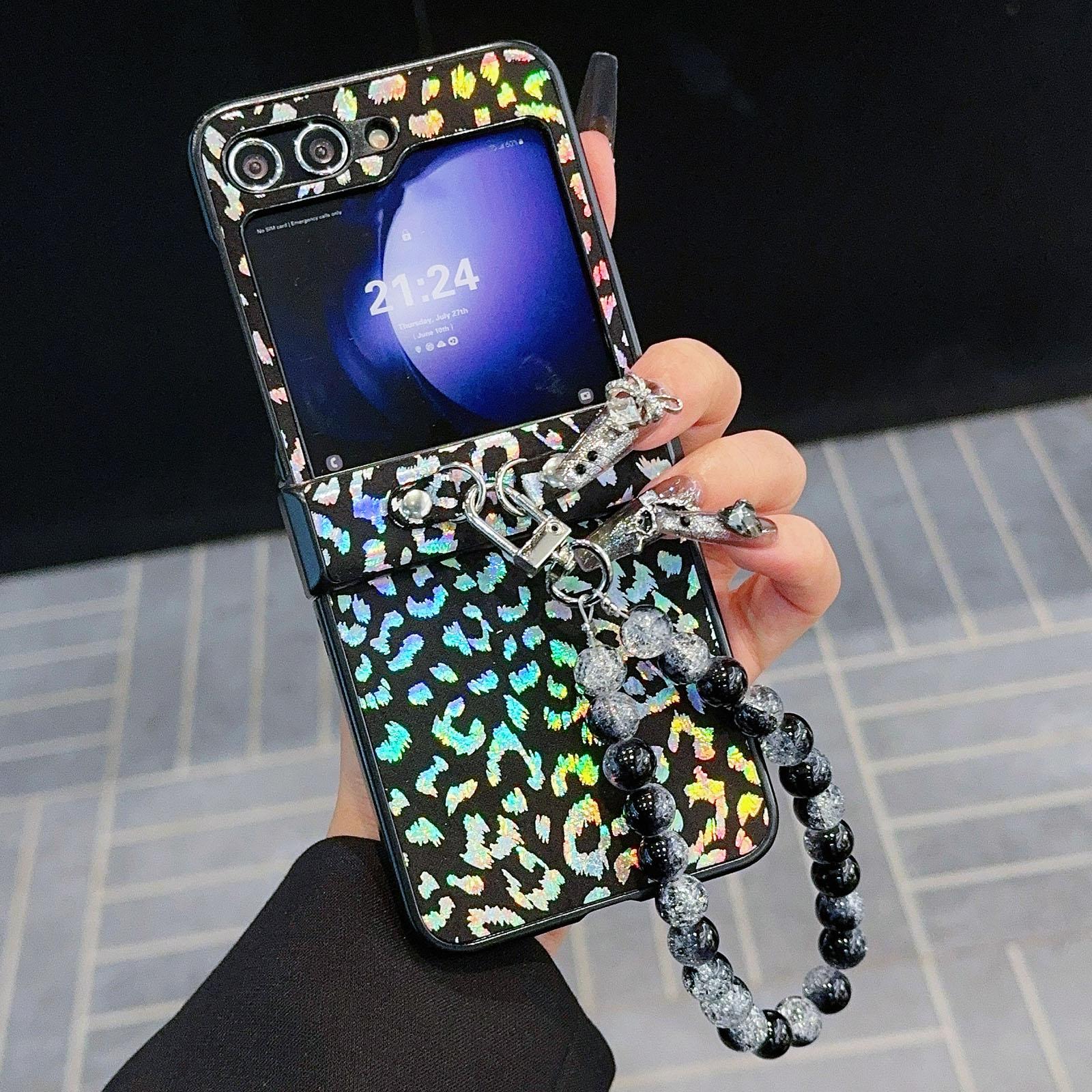

For Samsung Galaxy Z Flip7 FE 5G/Z Flip6 5G Case Leopard Print Leather+PC Phone Cover with Beaded Strap Black