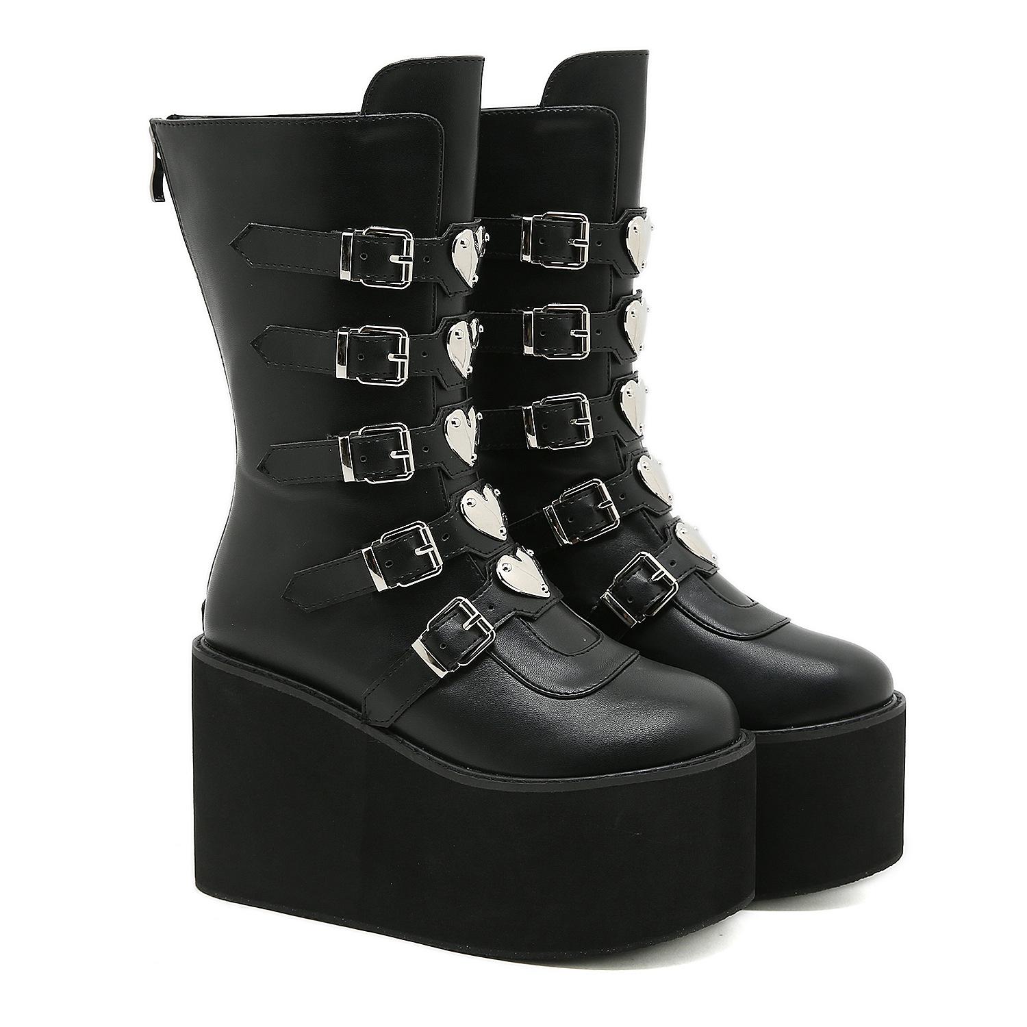 

Новые женские ботинки на толстой подошве с металлическими квадратными пряжками на двубортной застежке, на танкетке, с ремешками и сердечками, осенне-зимние 37 чёрный