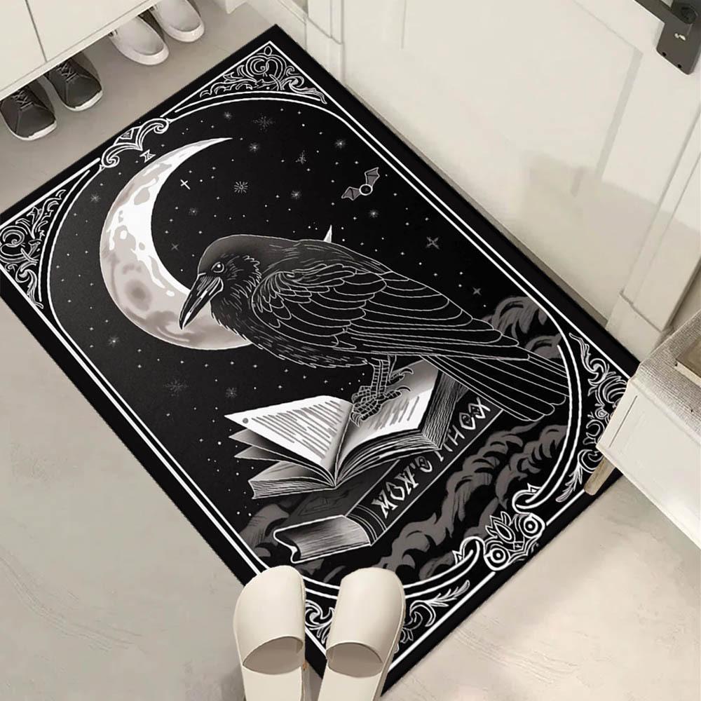 Gothic Raven and Moon Design Area Rug  Polyester Non-Slip Mat | Black & White Celestial Motifs | Ideal for Living Room, Be