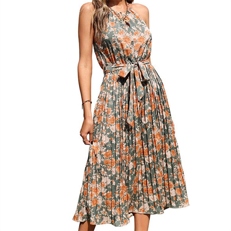 Women Vintage  Off Shoulder Flower Print Spaghetti Strap Dress Hem Slim Waist Slit Irregular Long Dresses Sling Vestido